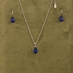 Sterling Silver Teardrop Sapphire Earrings & Necklace Set NWT